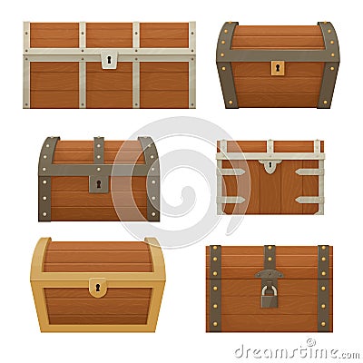 Collection of old wooden chests of various shapes and sizes. Pirate treasure. Cartoon style illustration. Vector Illustration