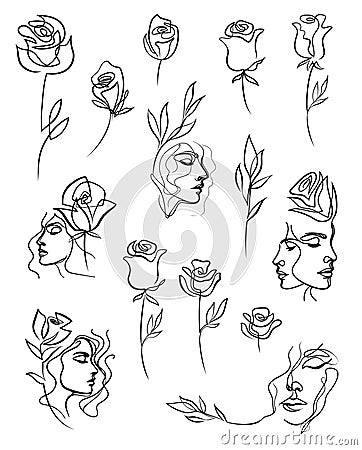 Collection of one line rose design. Vector Illustration