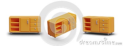 Collection with orange commode with open and closed shelves in different positions Vector Illustration