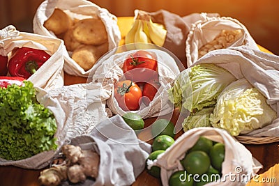 Set of reusable and zero waste cotton shopping bags for food Stock Photo