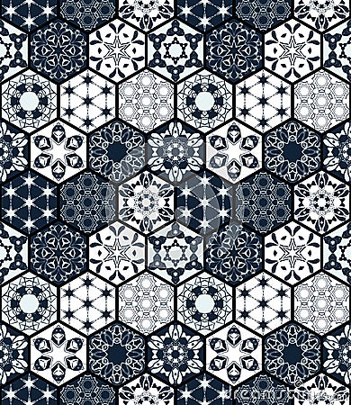 Collection of ornamental hexagonal tiles. Vector seamless patchwork pattern. Vector Illustration