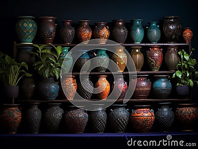 A collection of ornate and intricate pots with bold colors and patterns Stock Photo