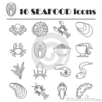 Collection of outlina seafood icons Vector Illustration