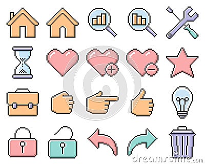 Collection of outlined pixel icons Vector Illustration