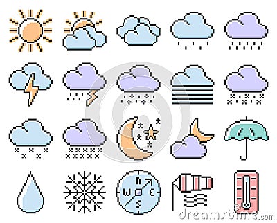 Collection of outlined pixel weather icons Vector Illustration