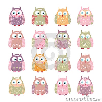 Collection of owls in pastel colors. Vector Illustration