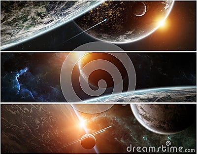 Panorama of distant planet system in space 3D rendering elements Stock Photo