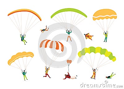 Collection of parachutists and skydivers isolated on white background. Bundle of people performing free fall Vector Illustration