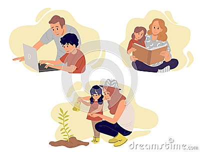 Collection of parents help their child in learning Vector Illustration