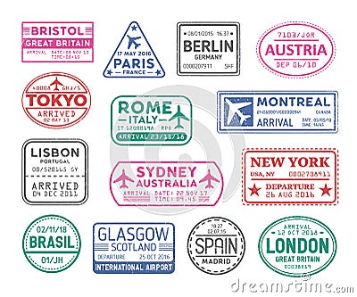 Collection of passport visa stamps isolated on white background. Bundle of travel or touristic marks. Set of round Vector Illustration