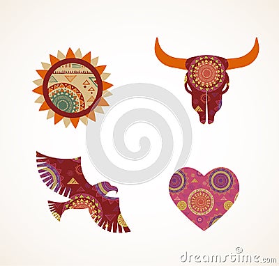 Collection of patterned Bohemian, Tribal objects Vector Illustration