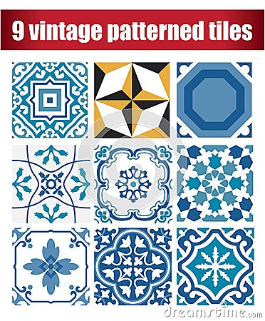 9 collection patterned Vintage tile Vector Illustration