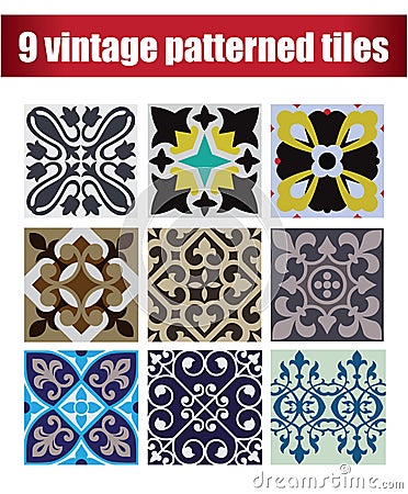 9 collection patterned Vintage tiles Vector Illustration