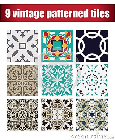 9 collection patterned Vintage tiles Vector Illustration