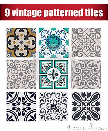 9 collection patterned Vintage tiles Vector Illustration