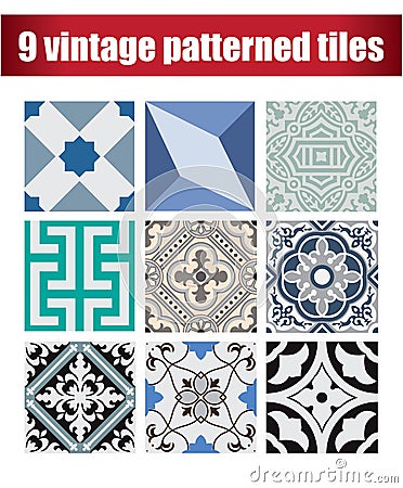 9 collection patterned Vintage tiles Vector Illustration