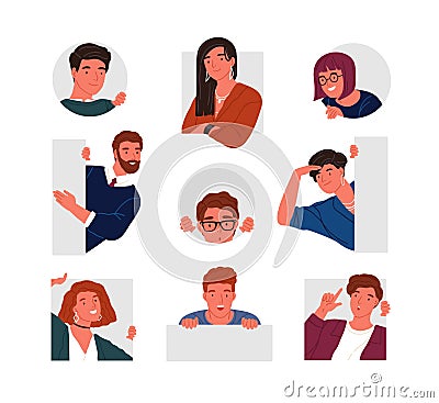 Collection of peeping people isolated on white background. Set of portraits of funny curious young men and women Vector Illustration