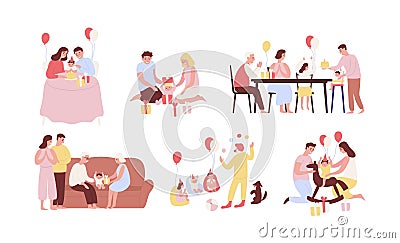 Collection of people celebrating first birthday of their baby. Bundle of family party scenes with infant child opening Vector Illustration