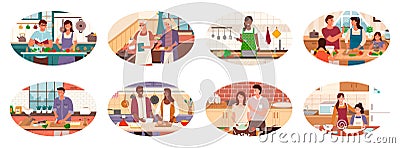 Set of Character Cooking Food in Kitchen Vector Vector Illustration
