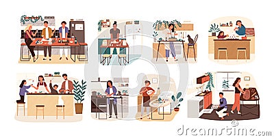 Collection of people cooking in kitchen, serving table, dining together, eating food. Set of smiling men, women and Vector Illustration