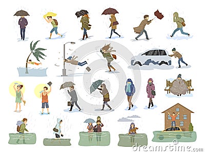 Collection of people coping with bad severe meteorological weather conditions disasters like extreme heat and cold, hurricane, str Vector Illustration