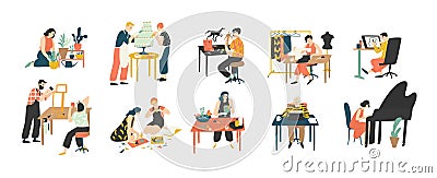 Collection of people enjoying their hobbies - home gardening, culinary, sewing, drawing, paper collage making Vector Illustration