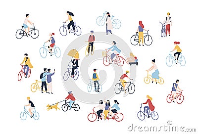 Collection of people riding bikes on city street. Bundle of men, women and children on bicycles isolated on white Vector Illustration