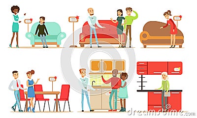 Collection of People Shopping for Kitchen and Upholstered Furniture at Store, Men and Women Choosing House Decor with Vector Illustration