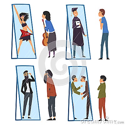 Collection of People Standing in Front of Mirror Looking at Their Reflection and Imagine Themselves as Successful Vector Illustration