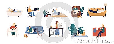 Collection of people surfing internet on their laptop and tablet computers. Set of men and women spending time online Vector Illustration