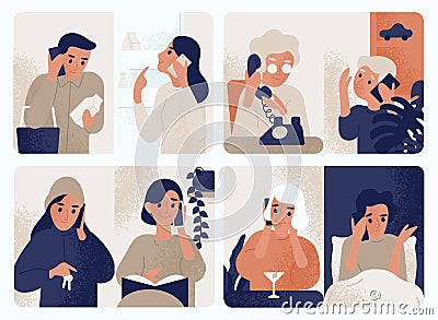 Collection of people talking on mobile phone. Bundle of men and women communicating through smartphone. Set of telephone Vector Illustration