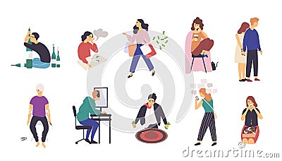 Collection of people with various addictions. Bundle of male and female cartoon characters with different addictive Vector Illustration