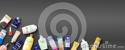 Collection of personal care productss - grey background. 3d illustration Cartoon Illustration