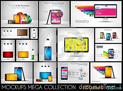 Collection of phone, pc and tablet mockups with infographics. Vector Illustration