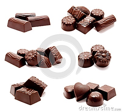 Collection of photos assortment of chocolate candies sweets isolated Stock Photo