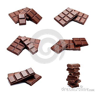 Collection of photos dark milk chocolate bars stack isolated Stock Photo