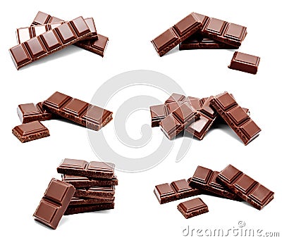 Collection of photos dark milk chocolate bars stack isolated Stock Photo