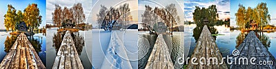 Collection of photos of a fabulous hut on a small island. Collage Stock Photo