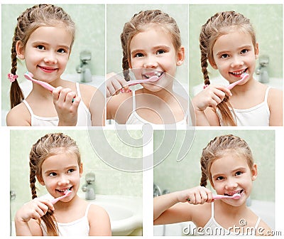 Collection of photos smiling cute little girl brushing teeth Stock Photo