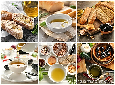 Collection of photos with tasty olive oil Stock Photo