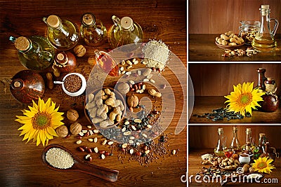 Collection vegetable oils and seeds on dark wooden surface. Stock Photo