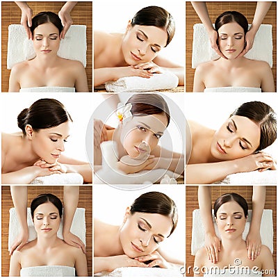 Collection of photos with women having different types of massage. Stock Photo