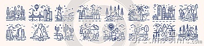 Collection of picturesque landscape icons or symbols drawn with contour lines on light background. Bundle of beautiful Vector Illustration