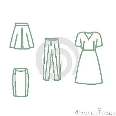 Collection of pixel art icons of clothes basic wardrobe. Vector Illustration