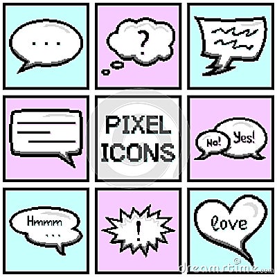 Collection of pixel speech bubbles and dialog balloons on blue and pink background Vector Illustration