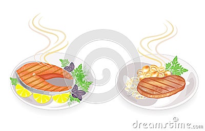 Collection. On a plate of steak grilled meat and fish. Garnish mushrooms, onions, lemon, dill greens, parsley, basil. Tasty and Cartoon Illustration