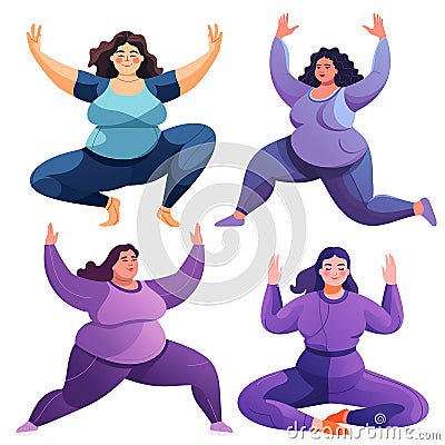collection of plus size girls doing exercises Cartoon Illustration
