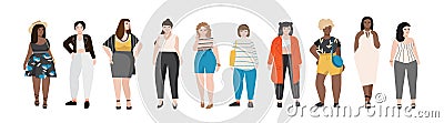 Collection of plus size women dressed in stylish clothing. Set of curvy girls wearing trendy clothes. Female cartoon Vector Illustration