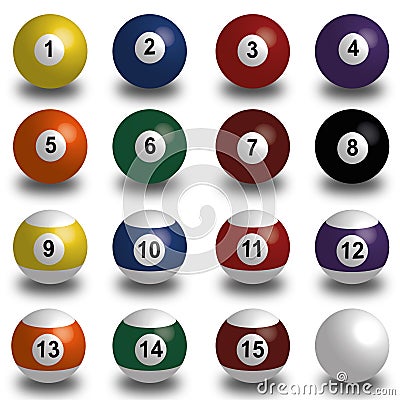 Collection of pool balls, snooker ball on white background with shadow Cartoon Illustration