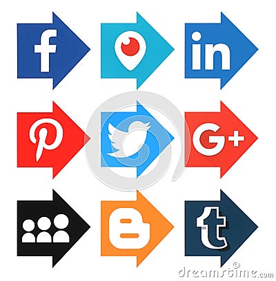 Collection of popular arrow shape social media logos Editorial Stock Photo